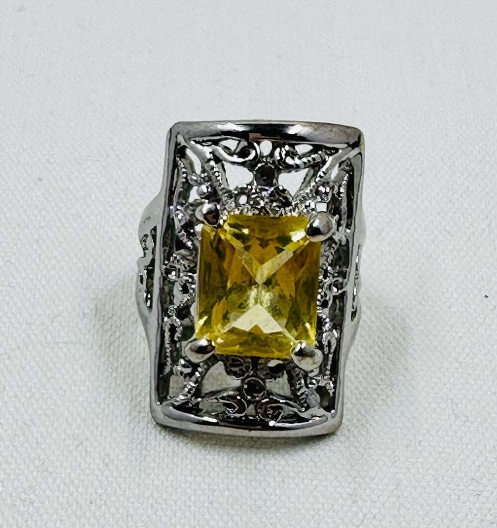 Yellow Citrine-Color Filigree Statement Ring, Ornate Silver-Tone Cocktail Ring